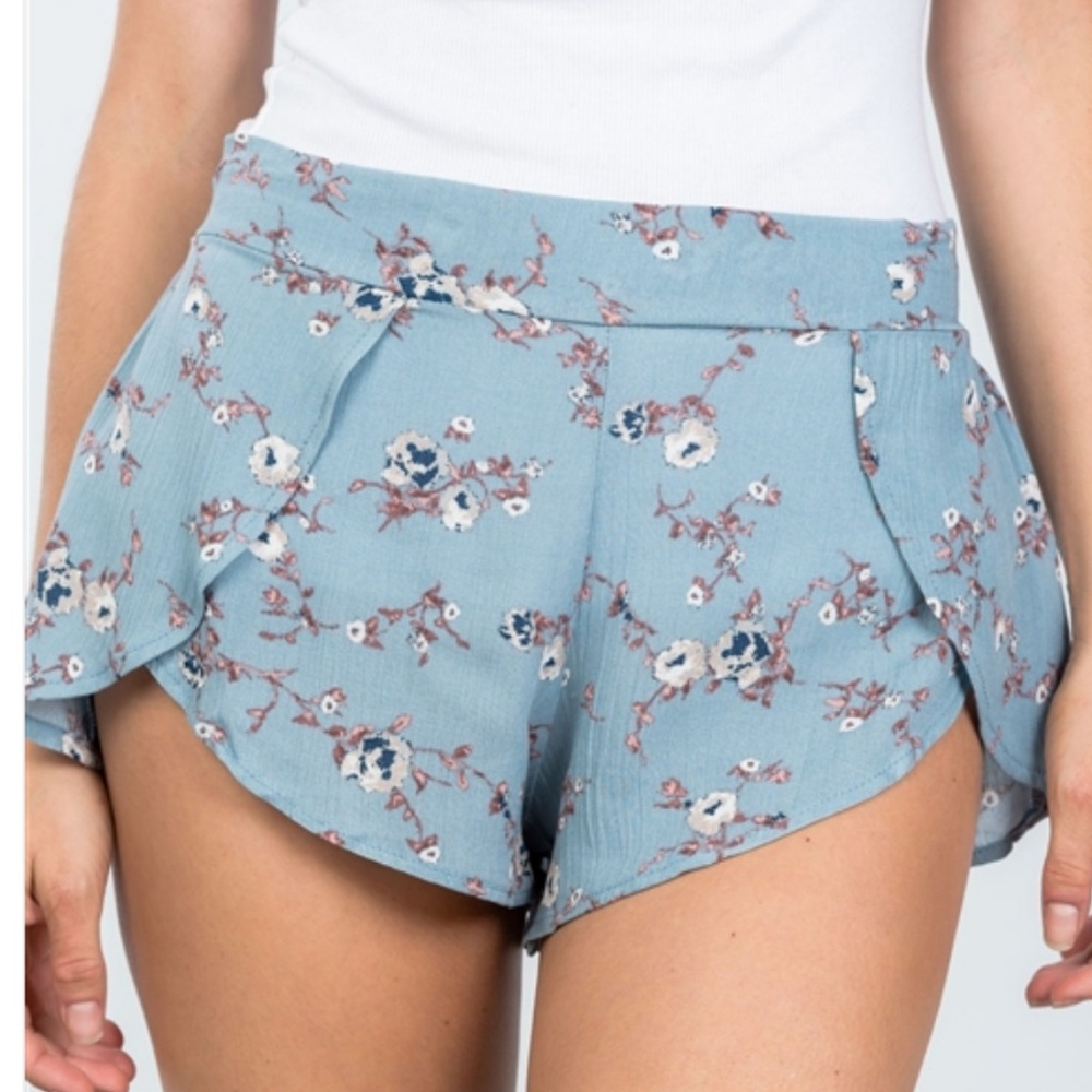 Blue Floral Print Layered Shorts  